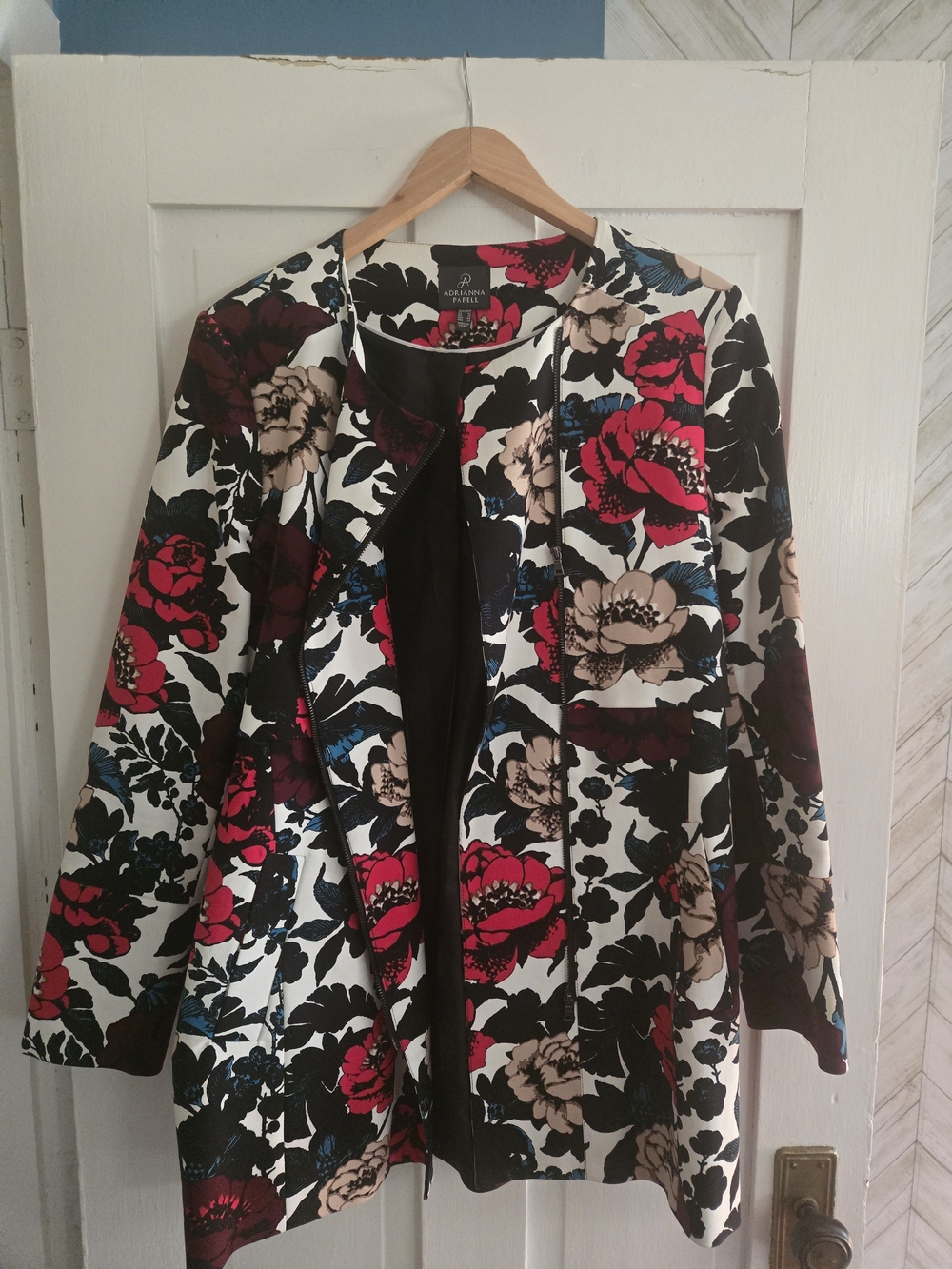 Adrianna Papell Floral Open-Front Jacket in Red, Black & Cream